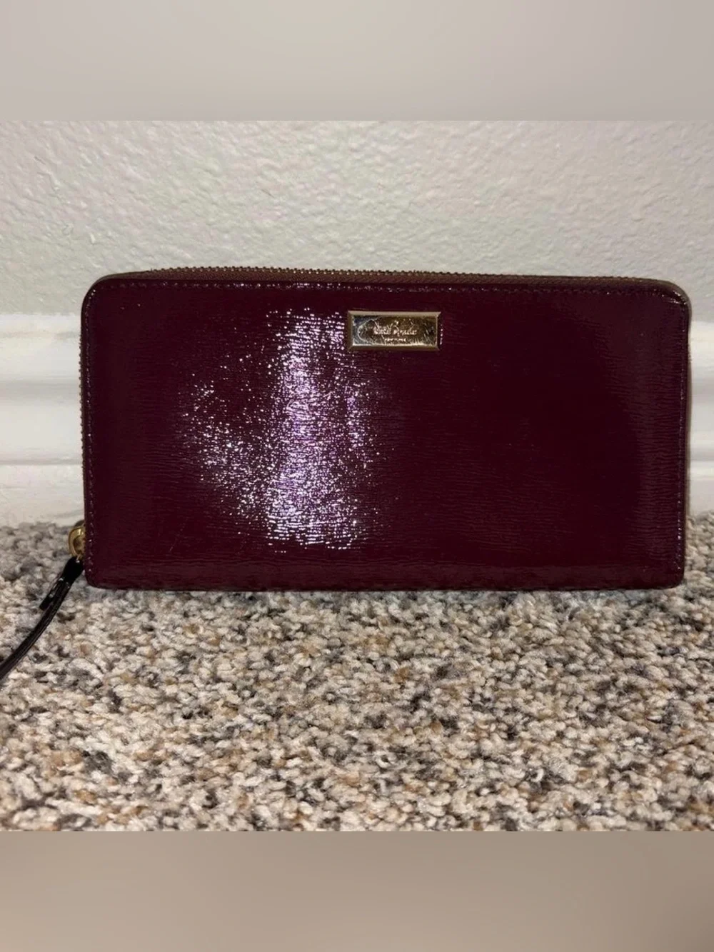 kate spade Burgundy Patent Zip-Around Wallet with Gold Plaque